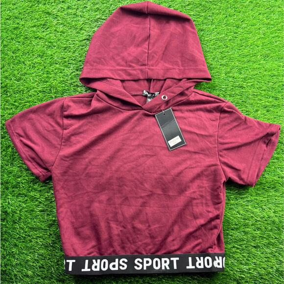C-Mode Women’s Crop Hoodie Top L Burgundy Short Sleeve Sport Hem NWT Activewear - Picture 1 of 7